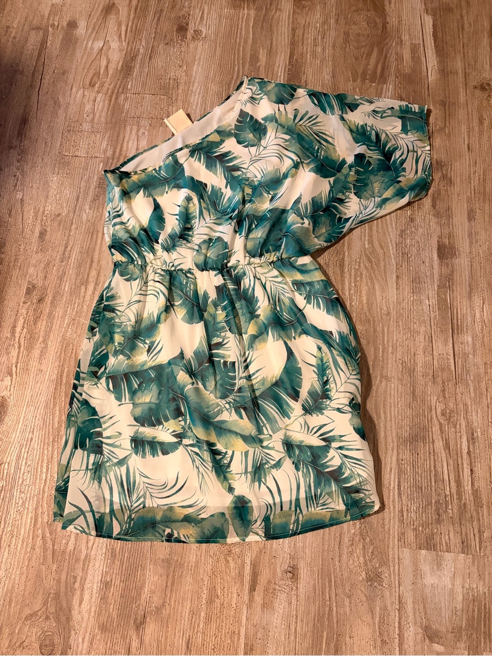 Fantastic Fawn One-Shoulder Palm Leaf Dress in Teal and White